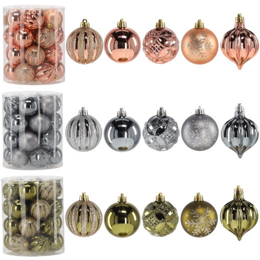 Sada vianočných ozdôb 6 cm – olivová, medená a grafitová, 26 ks