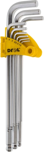 Sada predĺžených imbusových kľúčov s guľôčkou 1,5–10 mm, 9 dielov DREL