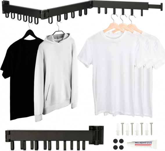 Nástenný skladací teleskopický sušiak na bielizeň, čierny, 123 cm, 18 háčikov