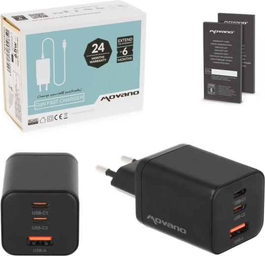 Nabíjačka Movano GaN 65 W 2× USB-C PD + USB-A, čierna