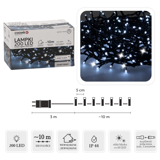 LED reťaz 200 LED studená biela s blikaním, 10 m, vnútorné aj vonkajšie
