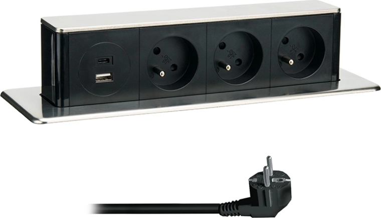 Solight výsuvný blok zásuviek 3× 230 V + USB-A/USB-C 20 W PD, 2 m, nerez