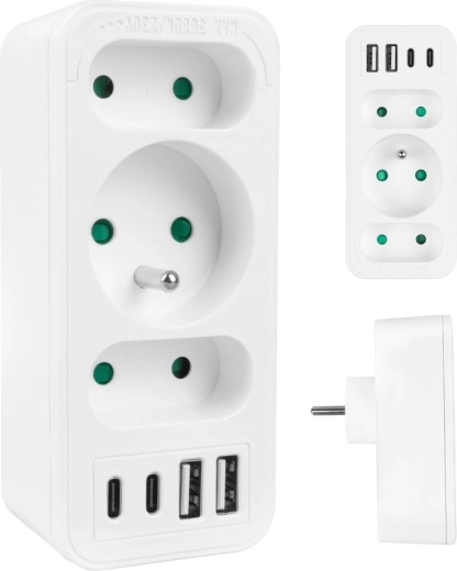 Sieťový rozbočovač MACLEAN s 1x Schuko, 2x Euro a 2x USB-A + 2x USB-C, biely
