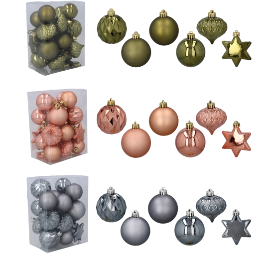 Súprava 23 vianočných ozdôb v olivovej, medenej a grafitovej farbe