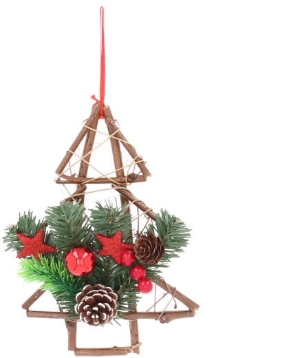 Drevená závesná vianočná dekorácia v tvare stromčeka so šiškami 25 cm