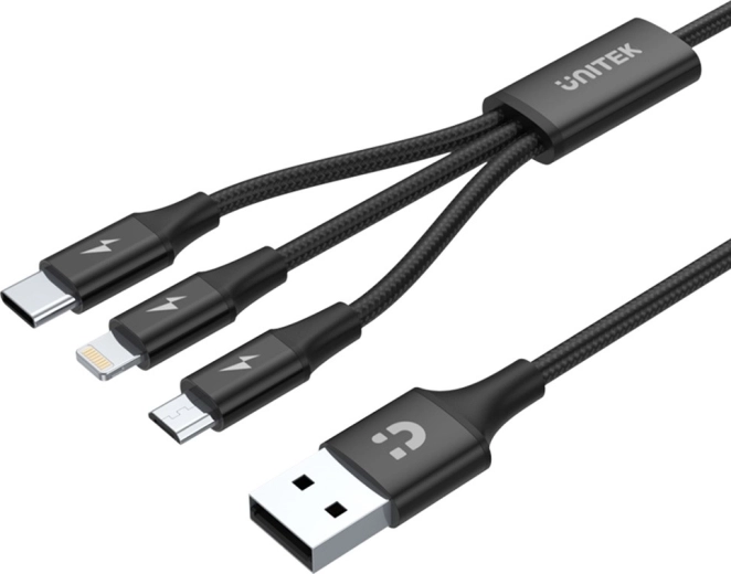 Nabíjací kábel Unitek USB-A 3 v 1 (USB-C/Micro USB/Lightning) čierny
