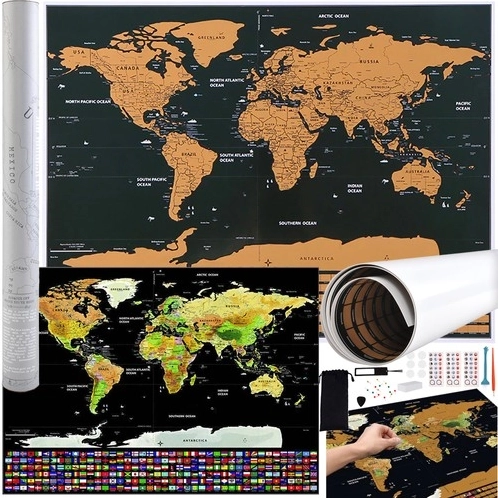 Svetová mapa na stieranie s vlajkami a príslušenstvom