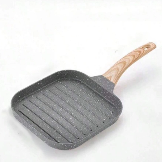 Štvorcová grilovacia panvica s nepriľnavým povrchom a dreveným vzhľadom rukoväte