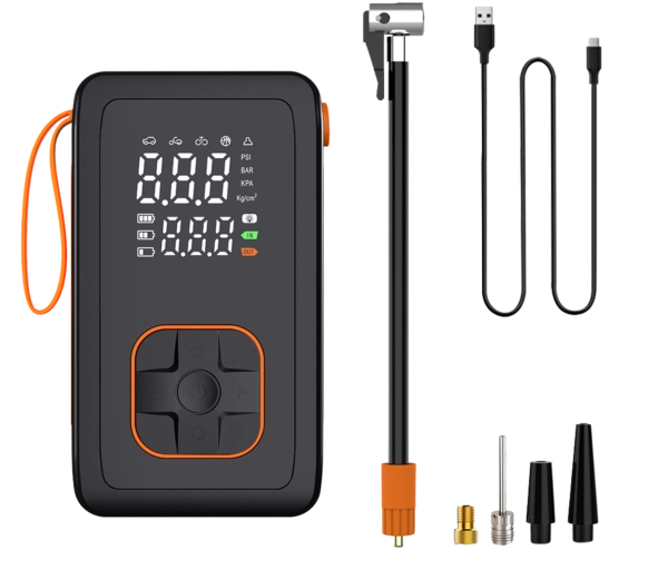 Prenosná akumulátorová vzduchová pumpa a powerbanka 7,4 V pre auto, bicykel a lopty