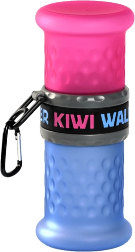 Cestovná fľaša na vodu a krmivo 2v1 KIWI WALKER, plast, modro‑ružová