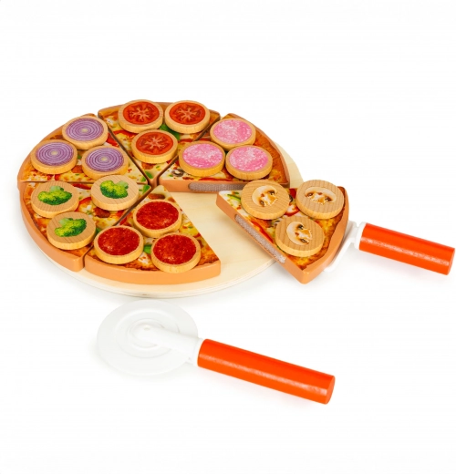 Drevená pizza na krájanie so suchým zipsom pre deti, 27 prvkov