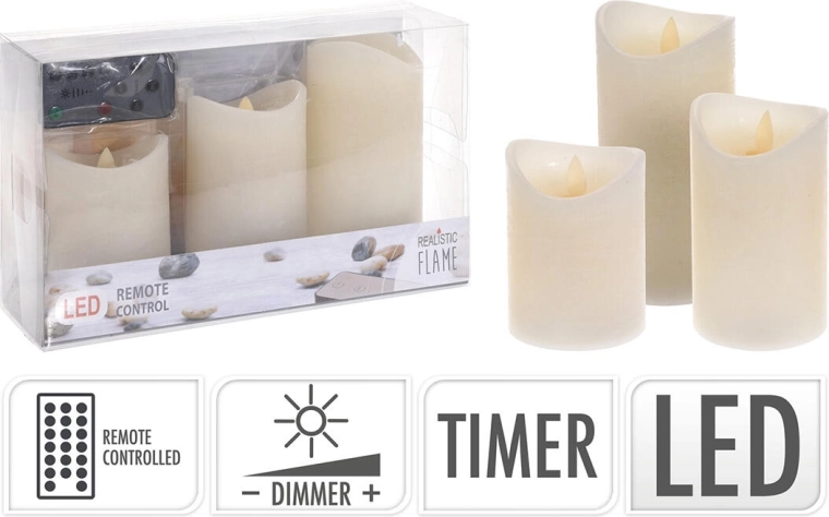 Sada LED sviečok s diaľkovým ovládaním a časovačom, slonová kosť (3 ks)