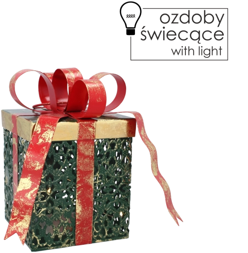 Kovová vianočná dekorácia darček s LED osvetlením