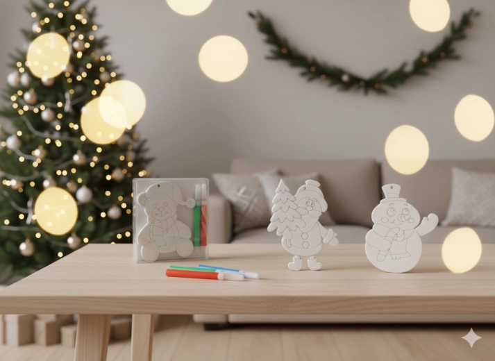 Sada vianočných ozdôb na vyfarbovanie so 4 fixkami – snehuliak, medvedík a Santa