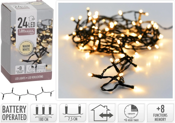 Vianočné LED osvetlenie 1,8 m, 24 LED, teplá biela, 8 funkcií s časovačom