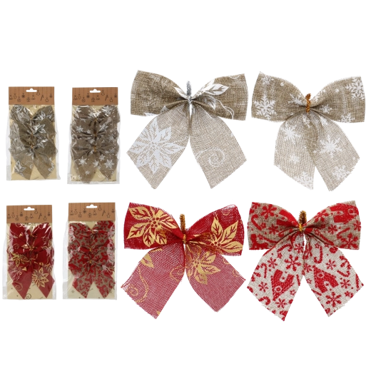 Vianočné kokardy 12 cm, červená a prírodná, sada 3 ks