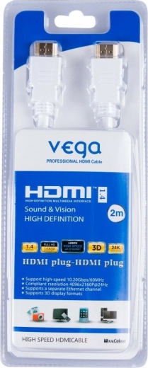 Vega HDMI kábel 3D, pozlátené konektory, 2 m, biely