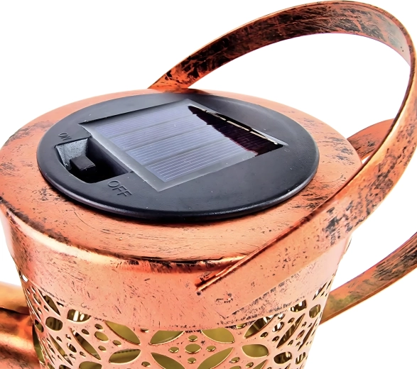 Solárna záhradná lampa v tvare kanvice s teplými LED, zápich a záves na hák