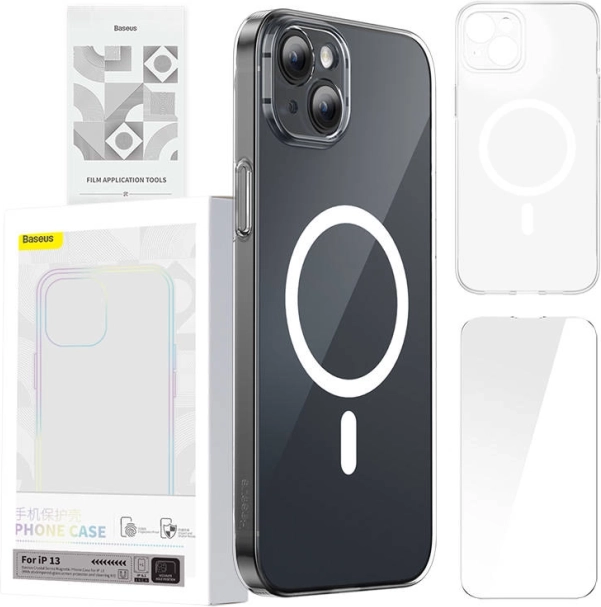 Baseus Magnetic Crystal Clear puzdro pre iPhone 13 s tvrdeným sklom a čistiacou sadou