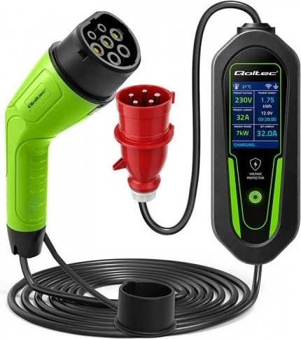 Prenosná nabíjačka pre elektromobily a hybridy Qoltec Type 2, 7 kW, 230 V, CEE 32 A, Wi‑Fi