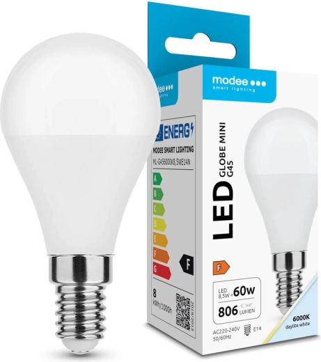 Modee LED žiarovka Globe Mini G45 8,5 W E14 806 lm studená biela