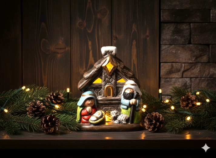 Vianočný betlehem domček s LED podsvietením 10 × 6,6 × 12 cm