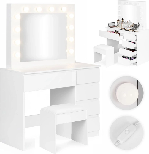 ModernHome kozmetický toaletný stolík so zrkadlom a LED osvetlením, 5 zásuviek a taburet