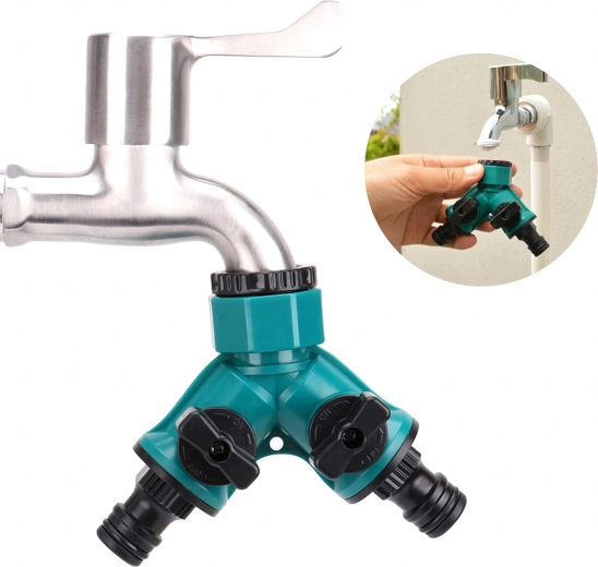 Rozdeľovač na vodovodný kohútik Y, 2-cestný 1/2" a 3/4" pre záhradné hadice s uzatváracími ventilmi