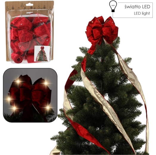 Červená zamatová vianočná mašľa s LED osvetlením na špičku stromčeka 1,8 m