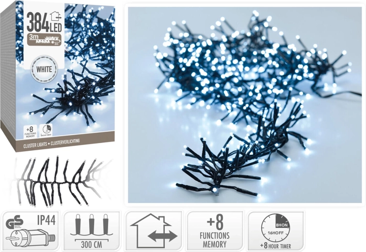 Vianočná LED reťaz 3 m, studená biela, 384 LED, 8 režimov s časovačom