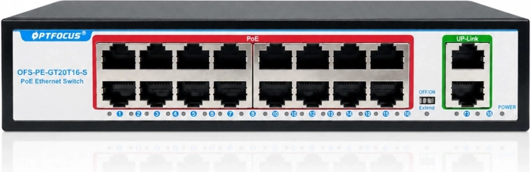 Gigabitový PoE switch RENEW FORCE so 16 PoE portami a 2 uplink portami