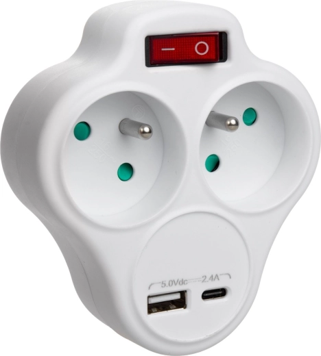 Zásuvkový rozbočovač s 2 zásuvkami, USB a USB-C