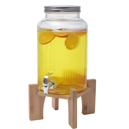 Sklenený nápojový dispenser 5,5 l s dreveným stojanom a strieborným viečkom