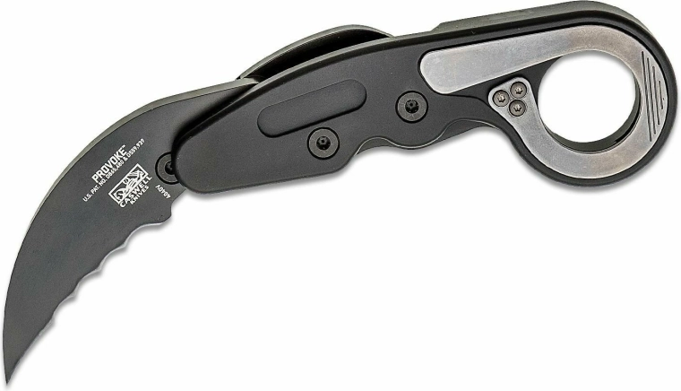 CRKT Provoke Veff Serrations vreckový nôž karambit 6 cm, čierny, hliník