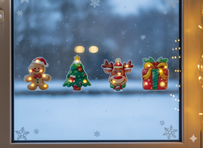 Vianočná gélová LED samolepka – teplá biela, mix motívov