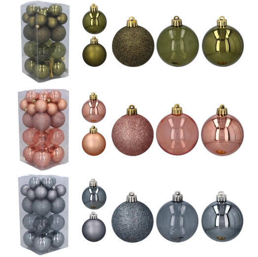 Sada 27 vianočných ozdôb v olivovej, medenej a grafitovej farbe