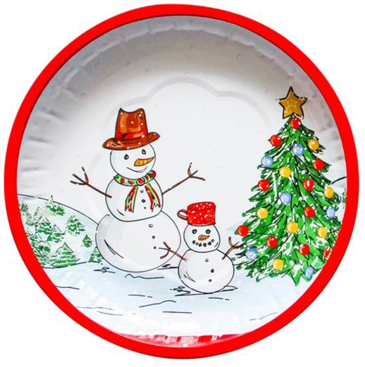 Vianočný okrúhly plechový podnos Snehuliak 26 cm