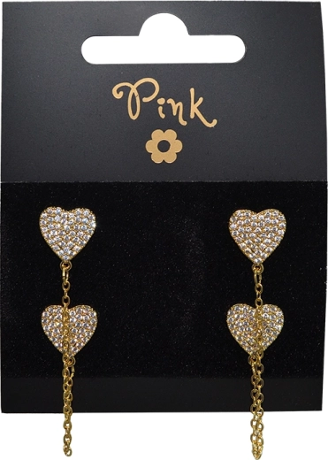 Pozlátené visiace náušnice s dvojitým srdcom a zirkónmi