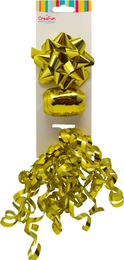 Darčeková sada v metalickej zlatej – mašľa 9 cm, stuha 10 m, mašlička 6 mm (3 ks)