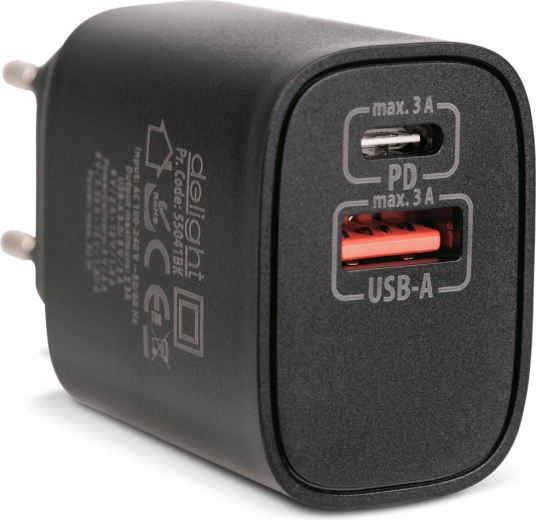 Sieťový adaptér USB-A a USB-C PD 20 W s rýchlym nabíjaním čierny