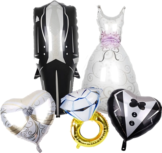 Svadobné balóniky – šaty, smoking, srdcia a zásnubný prsteň, 5 ks