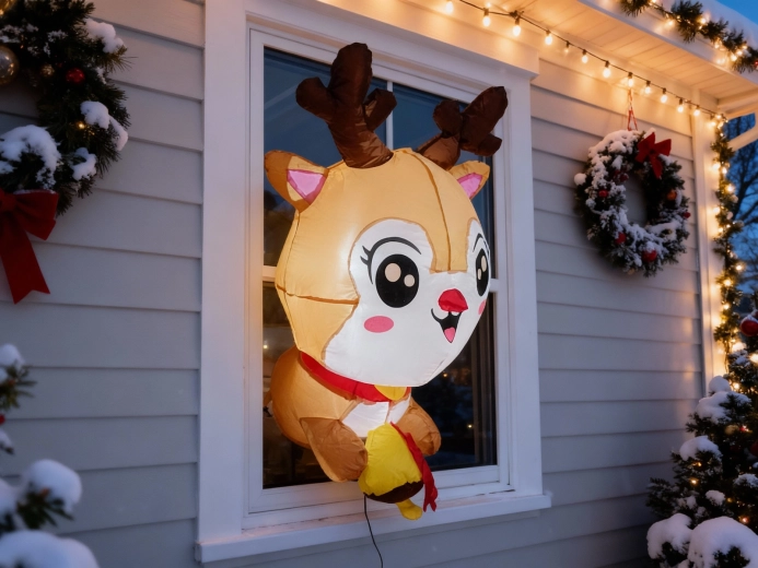 Nafukovací svietiaci sob na okno 90 cm s LED a prísavkami