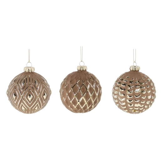 Sklenené vianočné gule 8 cm hnedé so zlatými ornamentmi, sada 12 ks