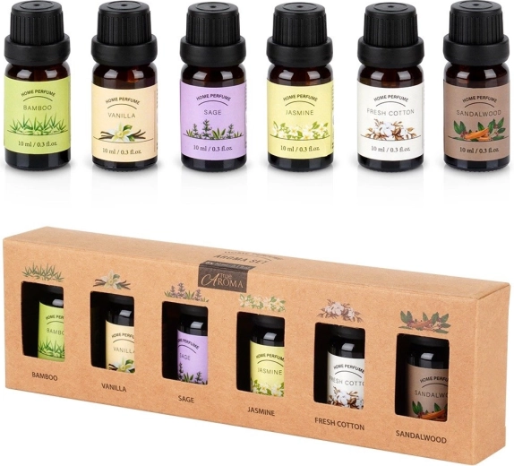 Darčeková sada éterických olejov 6×10 ml – bambus, vanilka, šalvia, jazmín, fresh cotton, santalové drevo