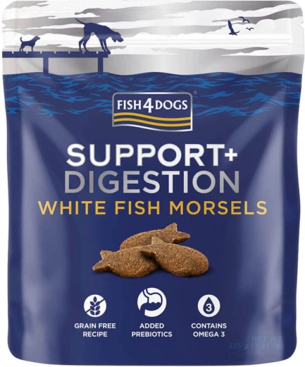 Fish4Dogs maškrty pre psov Support+ podpora trávenia s bielou rybou a prebiotikami 225 g