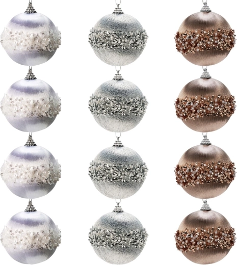 Sada nerozbitných vianočných ozdôb biele, strieborné a šampanské 8 cm – 12 ks