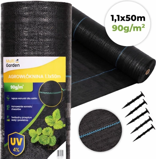 UV odolná protiplevelová textília 90 g/m², 1,1 × 50 m s kolíkmi, MultiGarden