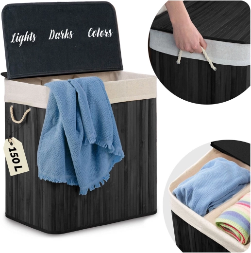 Bambusový kôš na prádlo s vekom 150 l, 3-komorový