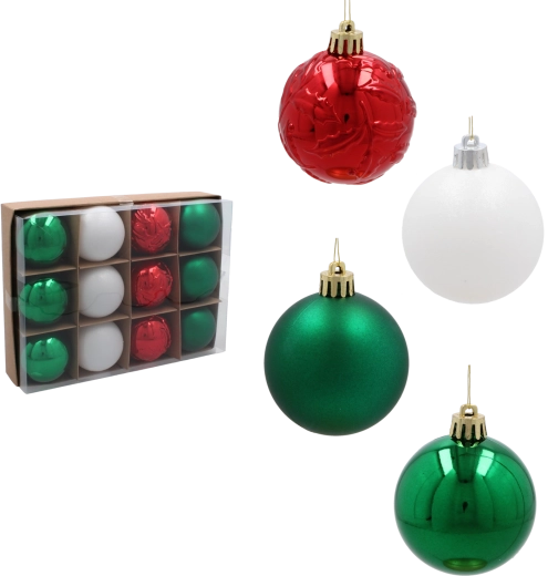 Súprava vianočných gúľ 6 cm – červené, zelené a biele, nerozbitné, 12 ks