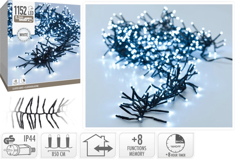 Vianočný LED reťaz 8,5 m, studená biela, 1152 LED, 8 funkcií s časovačom